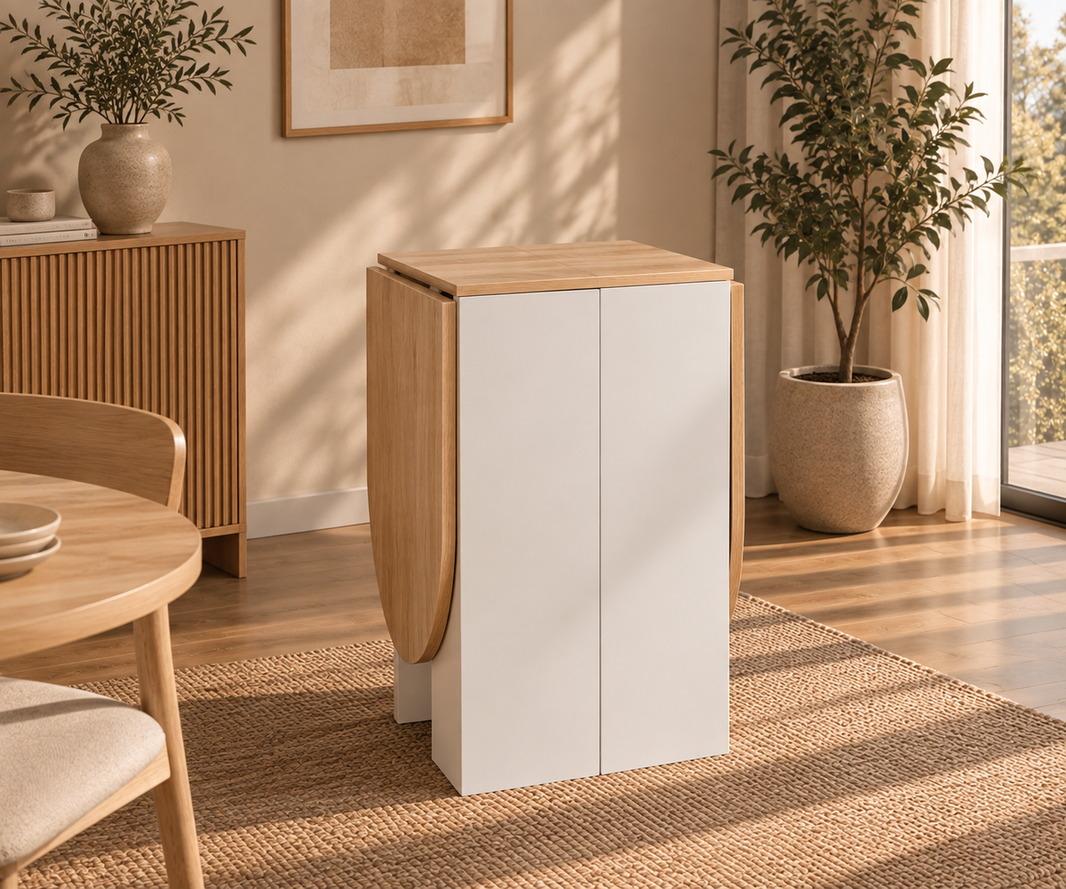Table à manger SOLEA entièrement repliée, format compact une fois rangée contre un mur