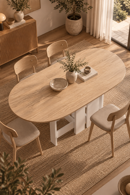 Table à manger pliante SOLEA ouverte, plateau bois clair et piètement blanc, entourée de chaises