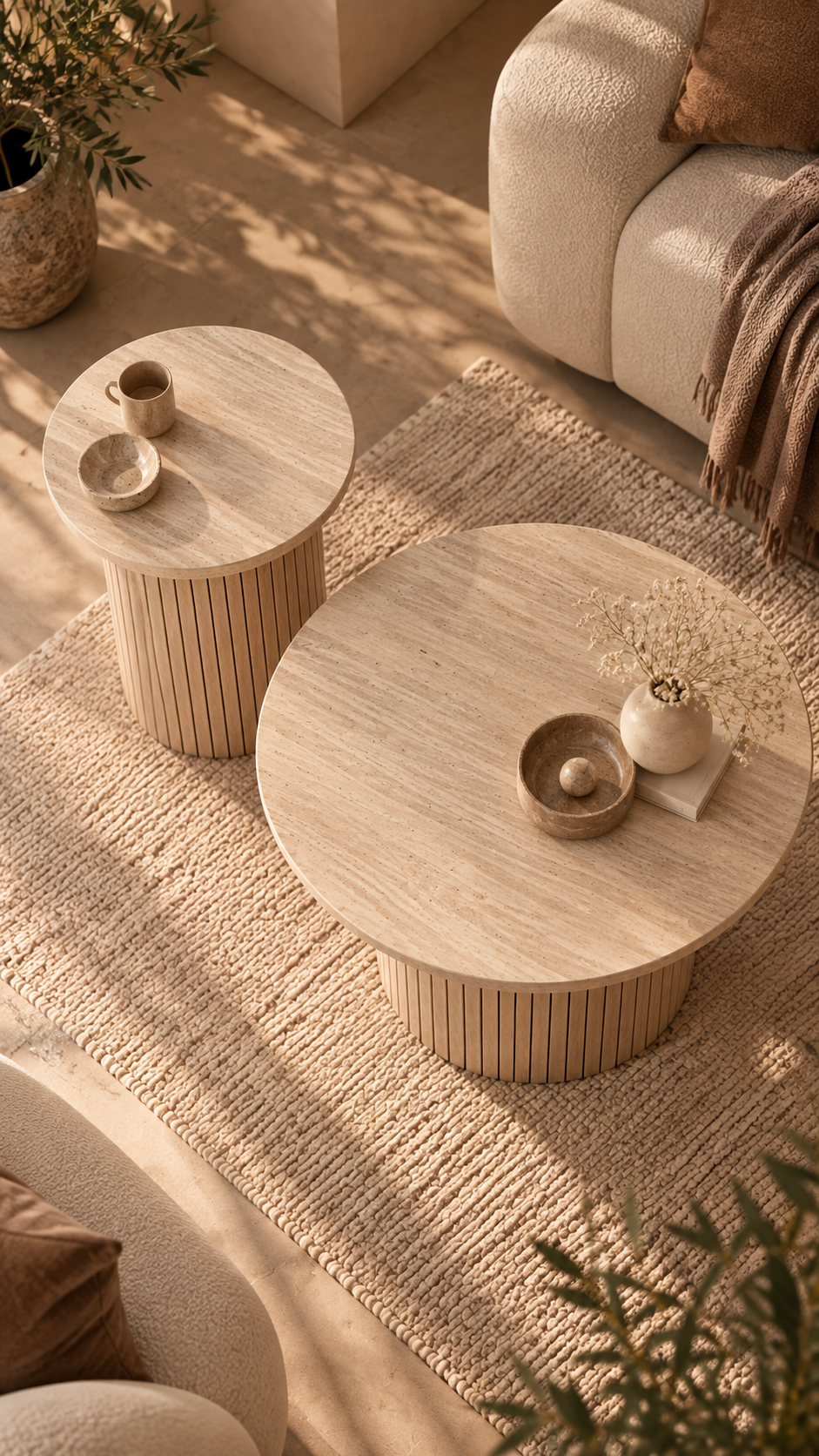 Tables basses NAYA vues de près, pieds rainurés et plateaux ronds bois clair