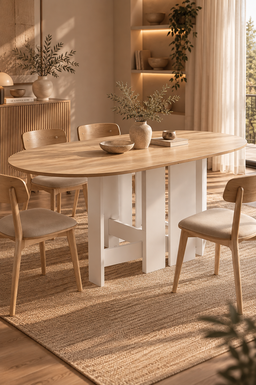 Table à manger pliante SOLEA vue de face, plateau bois clair et piètement blanc à panneaux