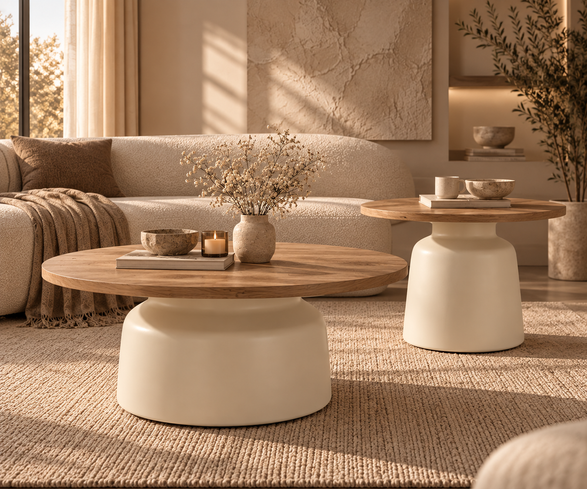 Table basse ronde NOLA devant un canapé, plateau en bois et pied central arrondi