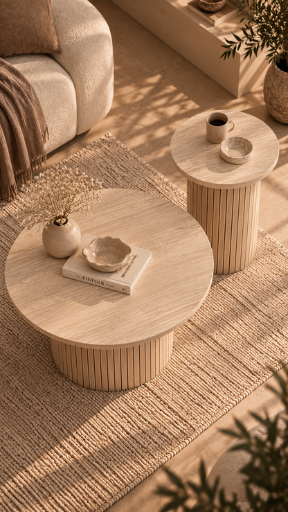 Duo NAYA sur un tapis, la table d'appoint plus haute placée à côté de la grande table basse