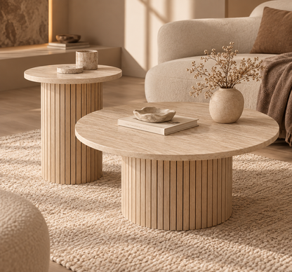 Duo de tables basses NAYA, deux plateaux ronds bois clair sur pieds cylindriques rainurés