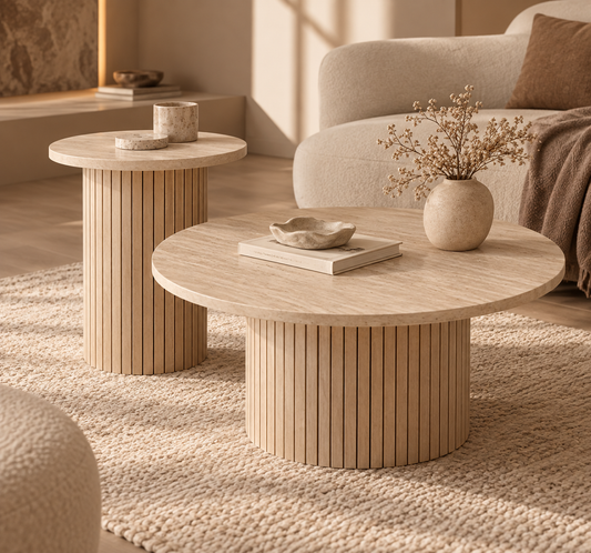 Duo de tables basses NAYA, deux plateaux ronds bois clair sur pieds cylindriques rainurés