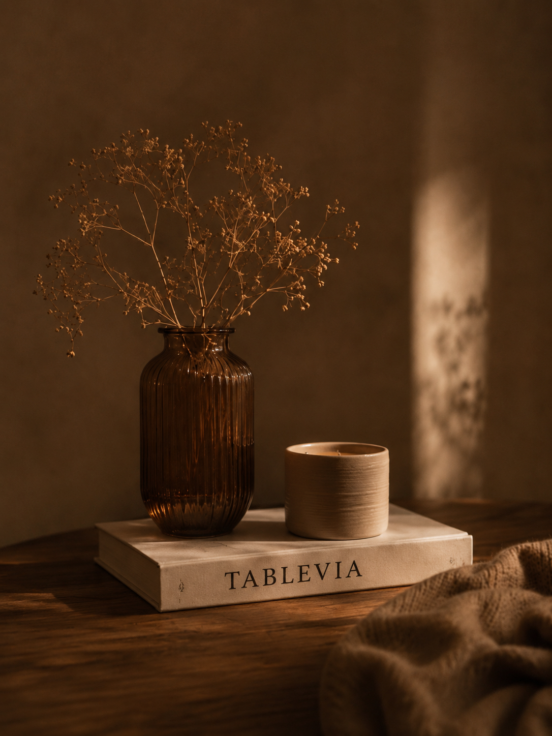 Vase en verre brun et gypsophile séchée posés sur un bloc gravé TABLEVIA