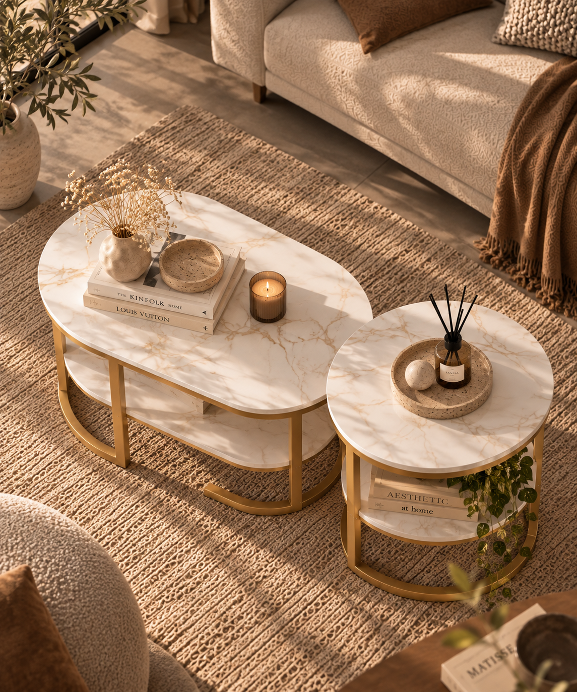 Duo ELIA vu de dessus, plateaux effet marbre blanc et piètement métal doré