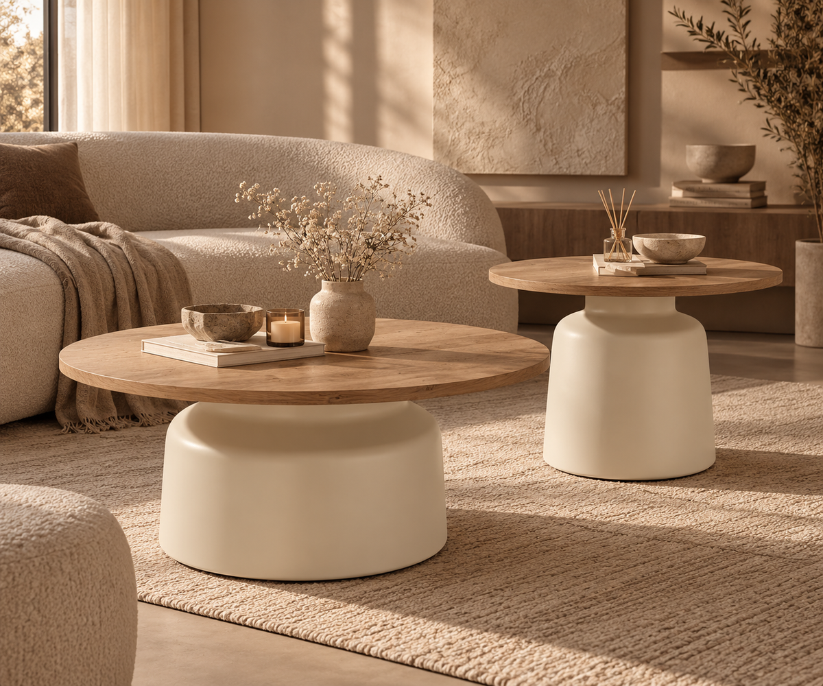 Table basse ronde NOLA, plateau en bois et pied central arrondi crème, dans un salon