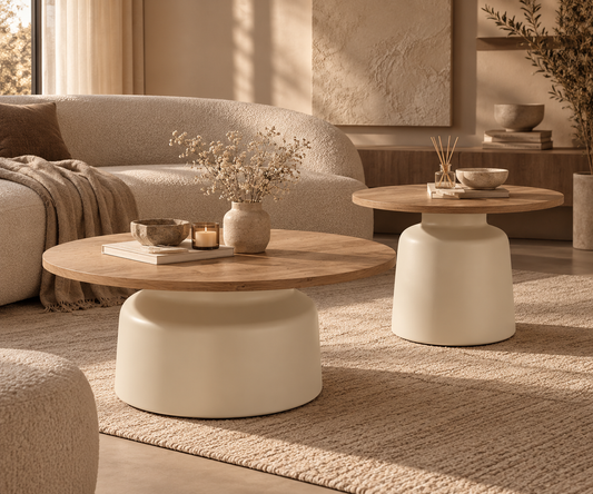 Table basse ronde NOLA, plateau en bois et pied central arrondi crème, dans un salon