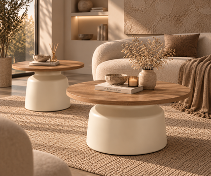Table basse NOLA dans un séjour lumineux, plateau rond en bois sur pied central crème