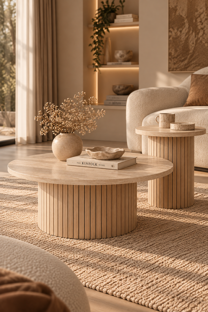 Table basse ronde NAYA dans un salon lumineux, plateau bois clair et pied rainuré