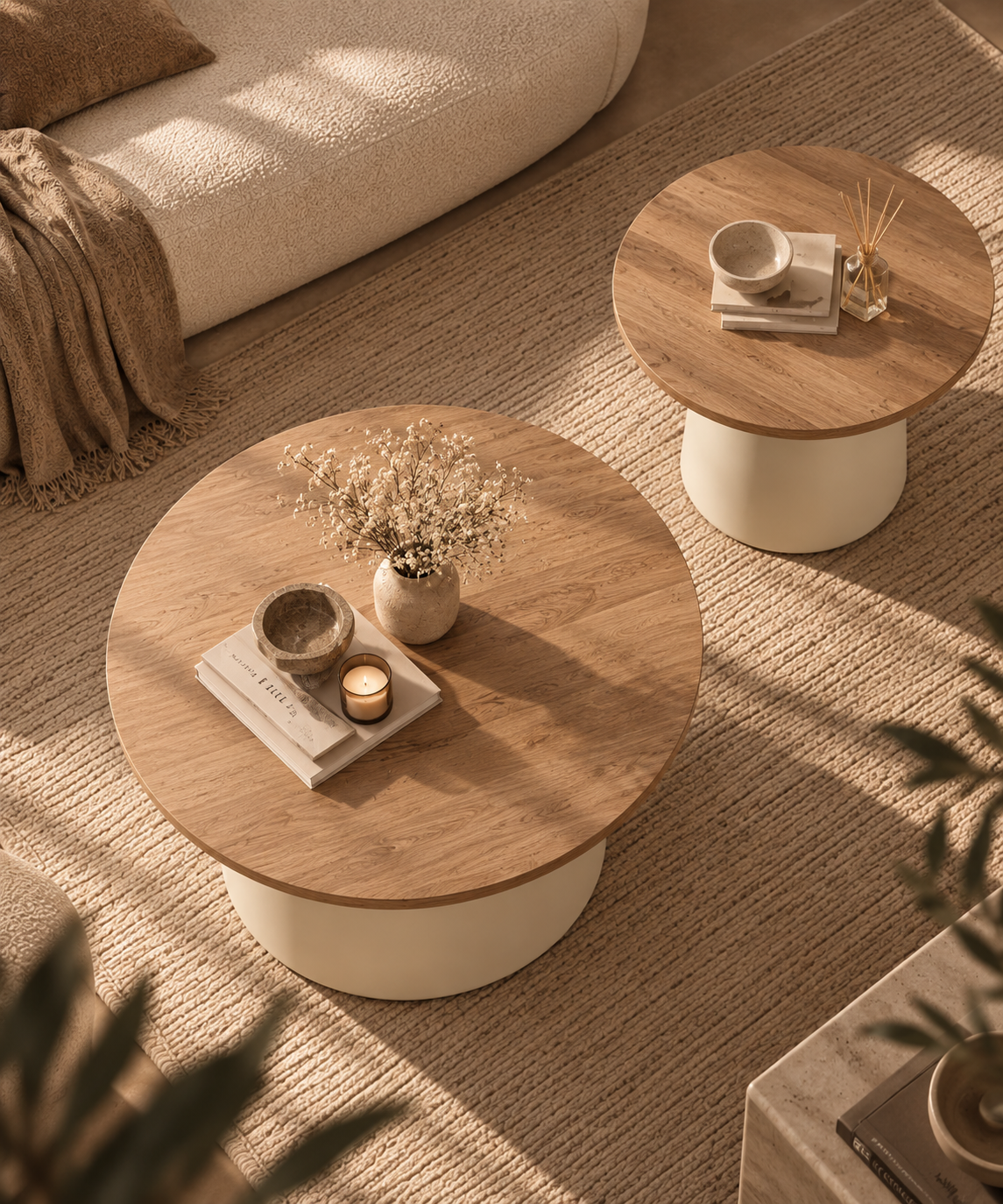 Table basse NOLA vue de dessus, plateau rond en bois et pied central crème