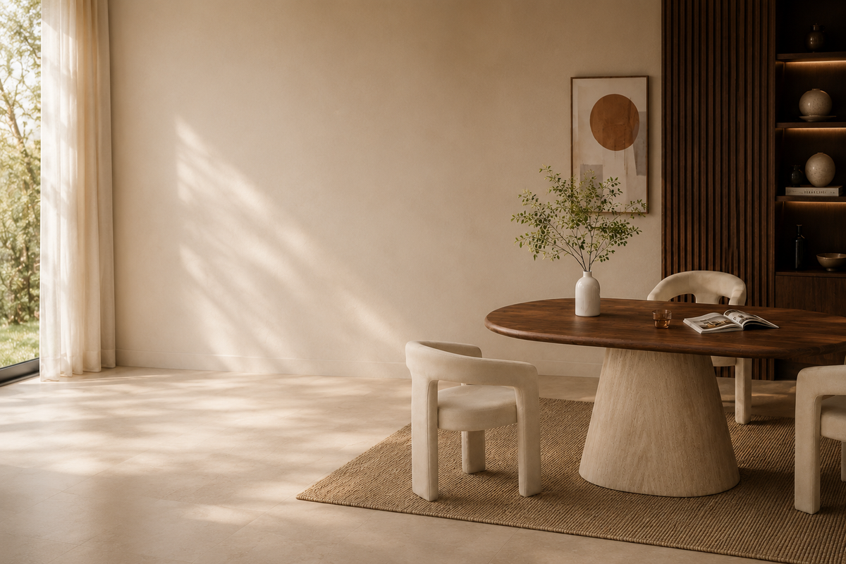 Table à manger ovale à pied central dans une salle à manger lumineuse, avec chaises crème et tapis en jute
