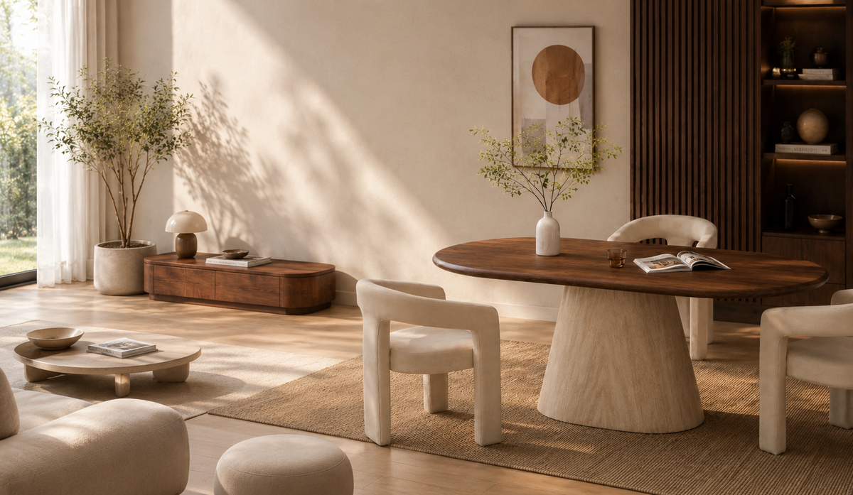 Salle à manger lumineuse avec table ovale en bois foncé à pied central, chaises bouclées crème et tapis en jute